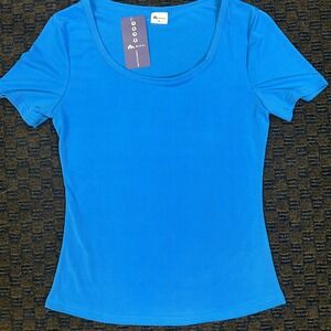 MISIFI Womens Blue Ribbed Scoop Neck Short Sleeve Stretch Tee Shirt Size M NWT